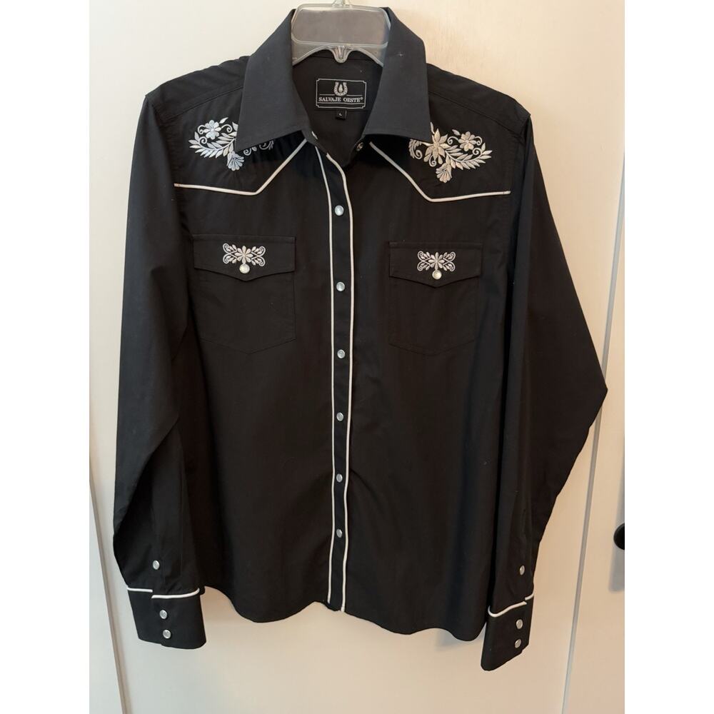Salvaje Oeste Western Pearl Snap Shirt Mens Large Black Embroidered Cowboy Rodeo